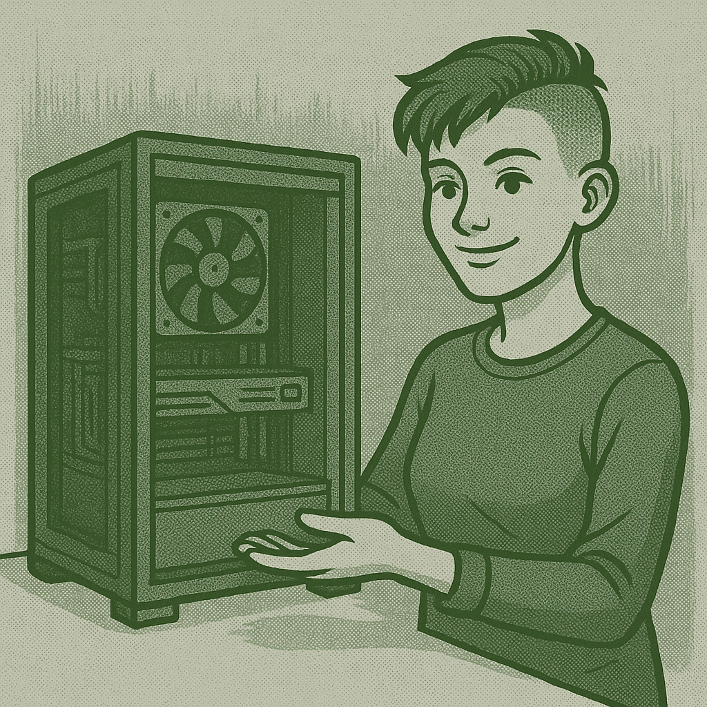 Picture of a girl presenting a custom build pc