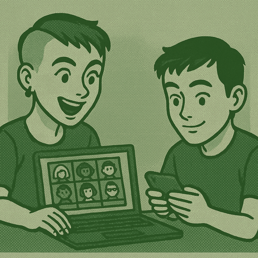 Picture of two people playing an online game together on their laptop and phone